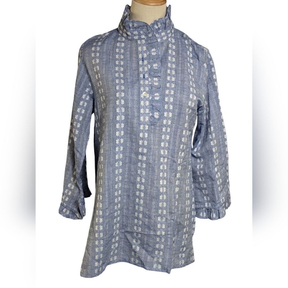 Rungolee Blue Denim Look and White High Neck Blouse NWT